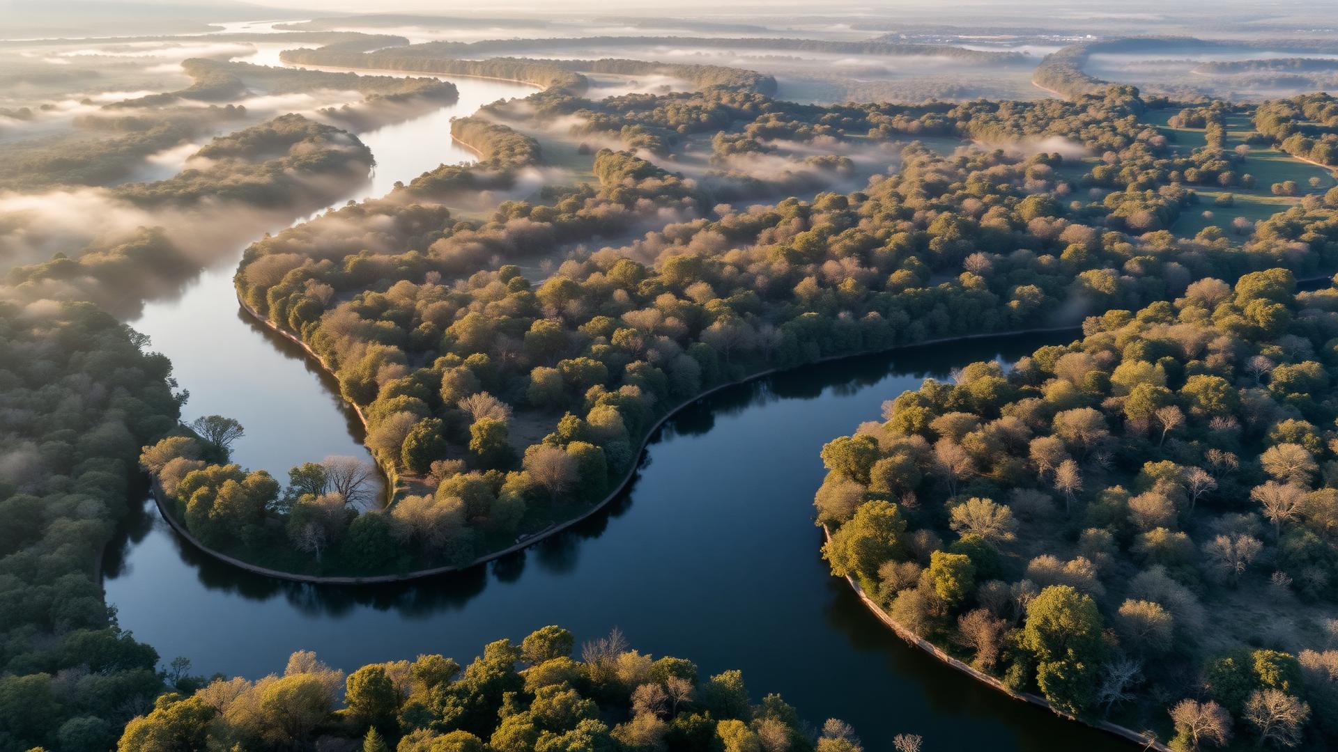 Aerial view of the American River winding through Fair Oaks landscape at sunrise
