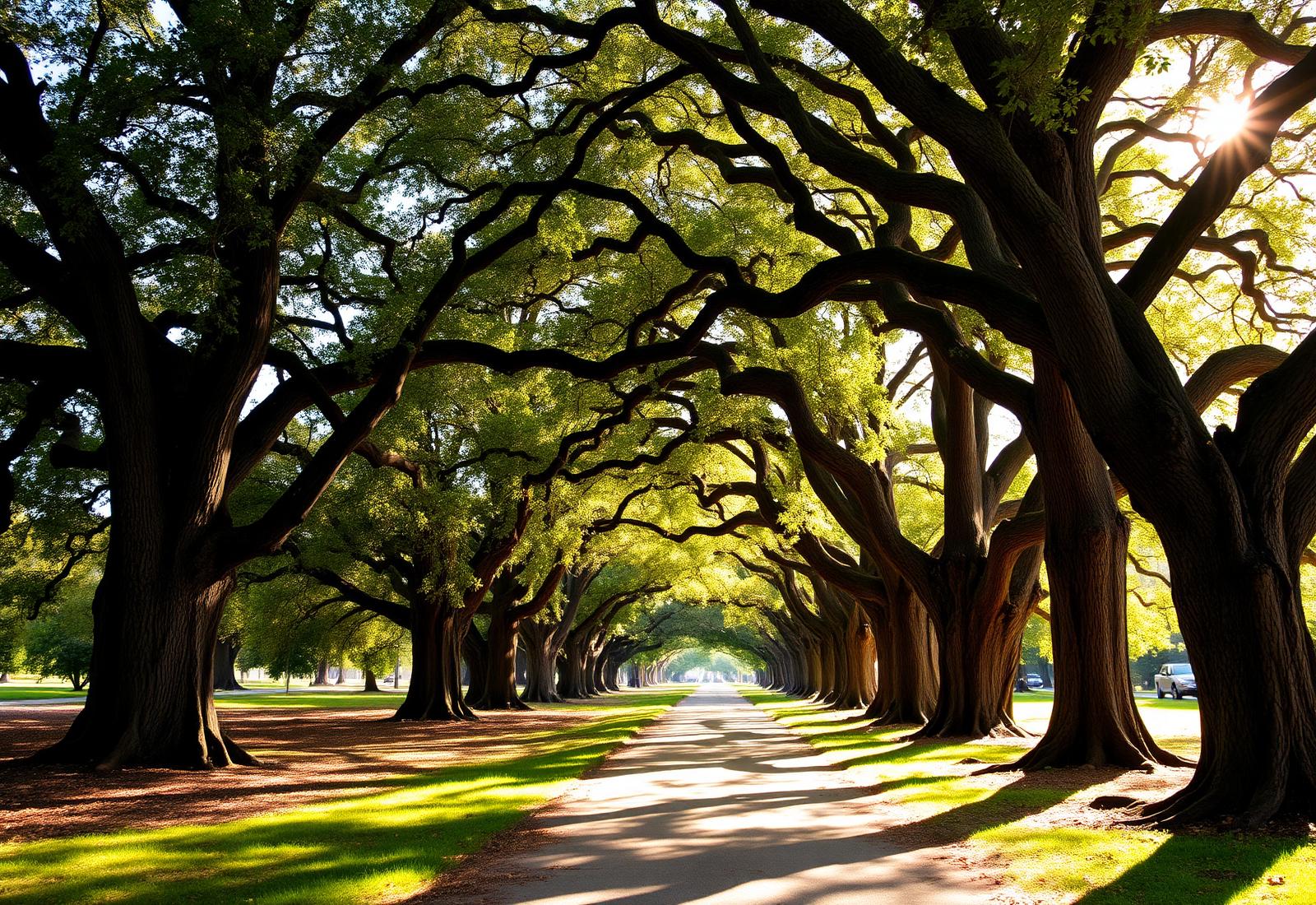 Sun-dappled oak tree canopy on a Fair Oaks walking trail