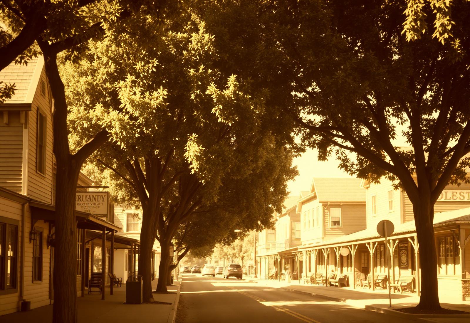 Historic Fair Oaks Village street with mature trees and heritage buildings